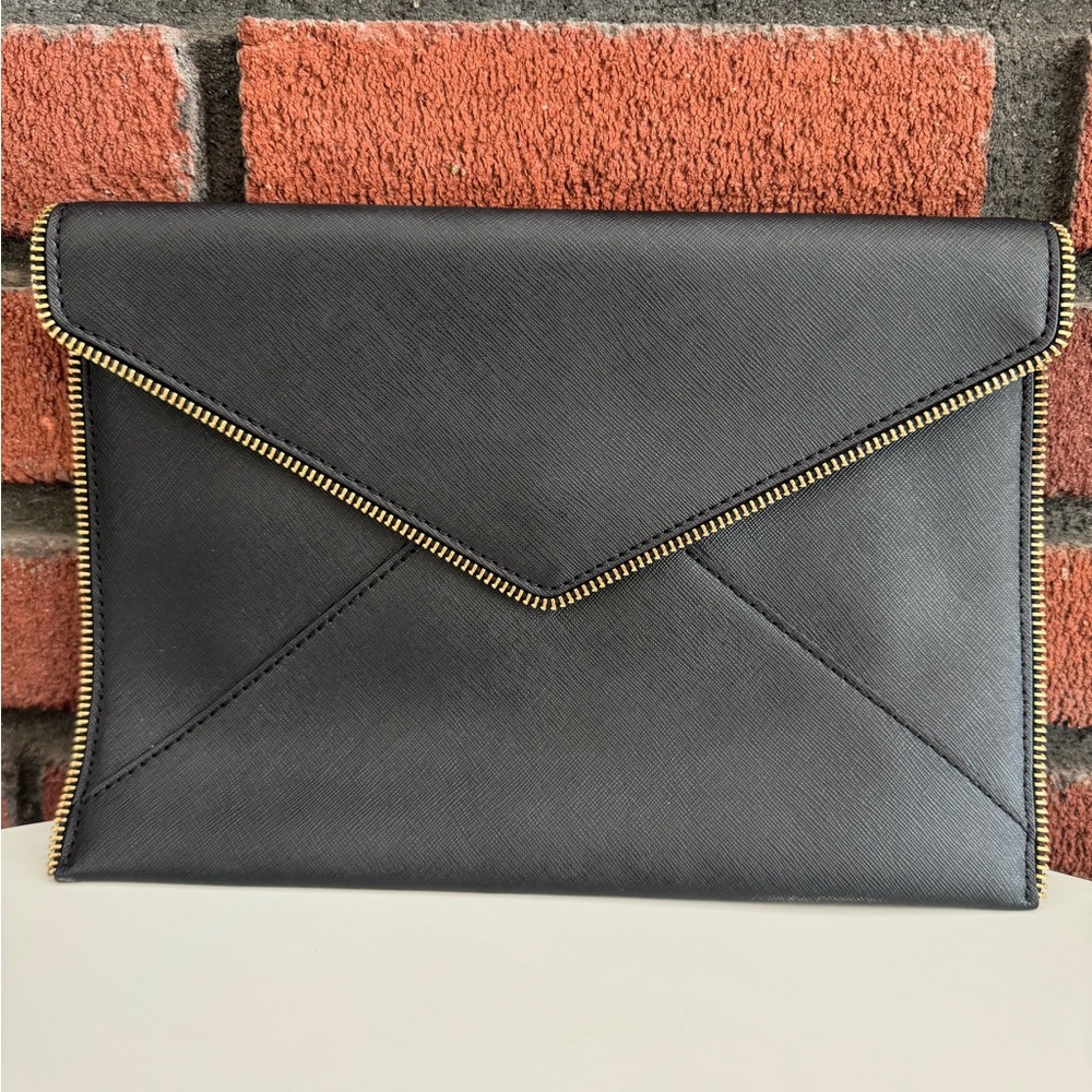 Rebecca Minkoff Black Leo Envelope Clutch Gold Zipper Accents Magnetic Closure